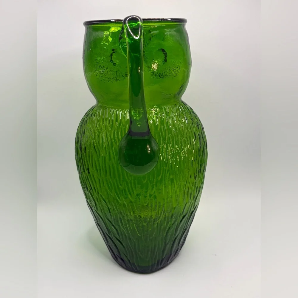 Vintage Green Art Glass Owl Figure Pitcher / Vase, Cottagecore Whimsigoth Decor